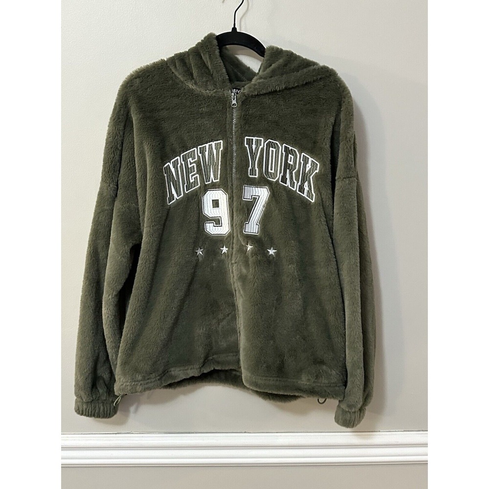 Harper & Ivy Juniors Faux Fur Zip Up Hoody Green New York Size M